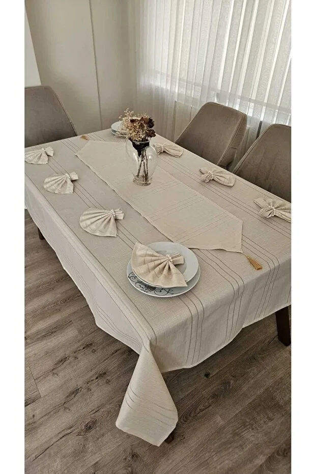 ZESA HOME Striped Tablecloth Cappucino 8 Person 18 Piece - Table 160X180 160X350