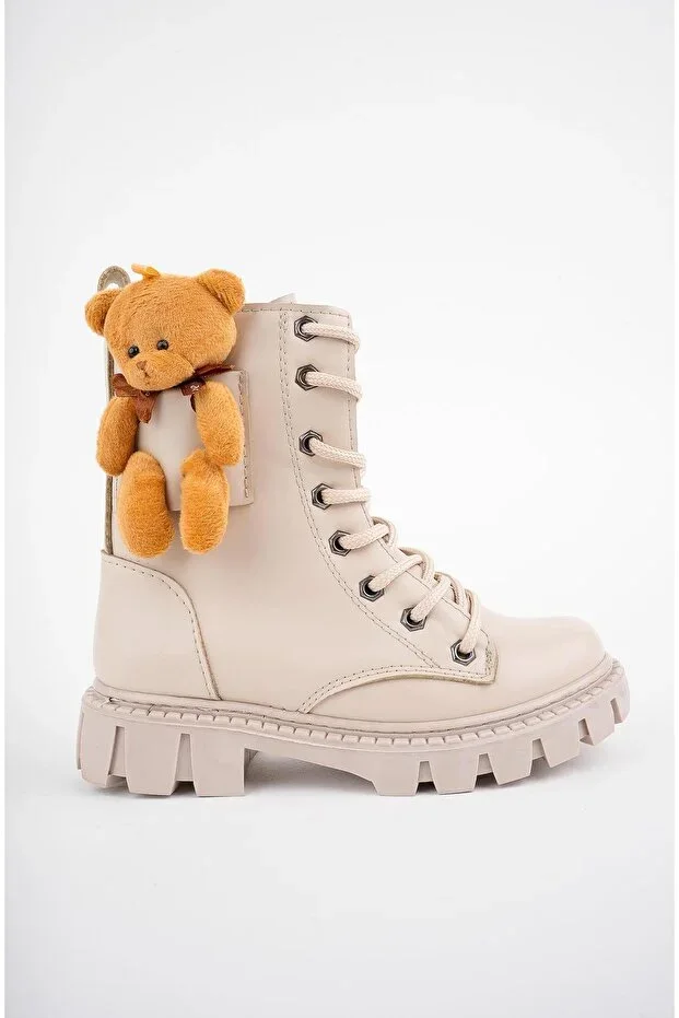 Pinky Guaranteed Bear Print Zippered Laced Ankle Boot Children's Boot