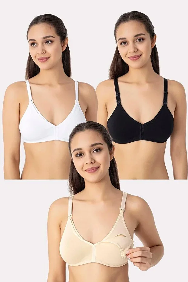 3-Piece Colored Women's Cotton Lycra Stretchy Comfortable Non-Wired Non-Padded Maternity Nursing Bra