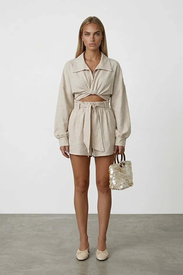 Vanilya Shirt Collar Tie Detail Woven Crossover Blouse And Double Pocket Shorts Set ALC-X13475