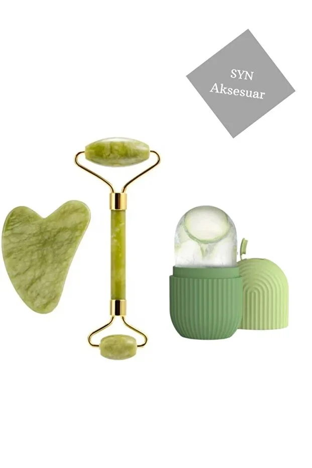 2-Piece Set Ice Cube Facial Massager & 100% Natural Stone Heart Gua Sha Face Care Stone Jade, Skin Care