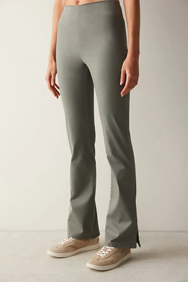 Khaki High-Waist Jean Look Flare Spanish Leg Trousers