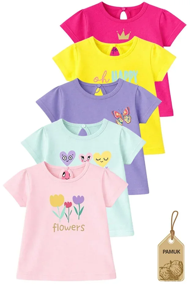 Baby T-Shirt Set - Girl Baby Printed Short Sleeve Cotton Non-Sweating T-Shirt Set 5 Pieces