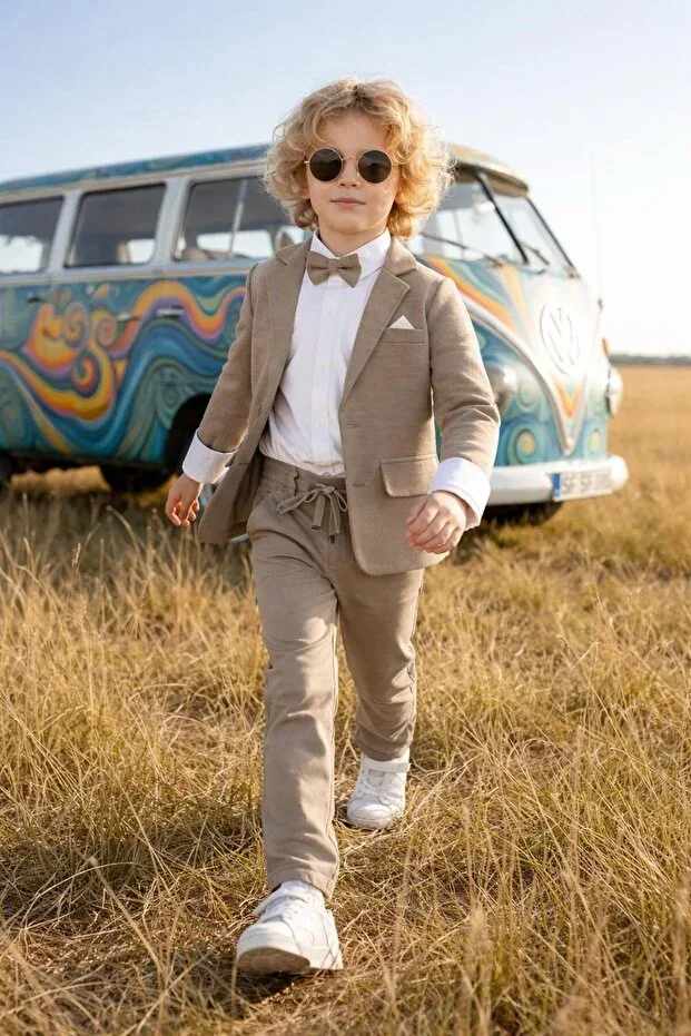 Boys' Terry Flamed Linen Loose Fit Jacket Set / Shirt Pants Jacket Bow Tie Linen Set