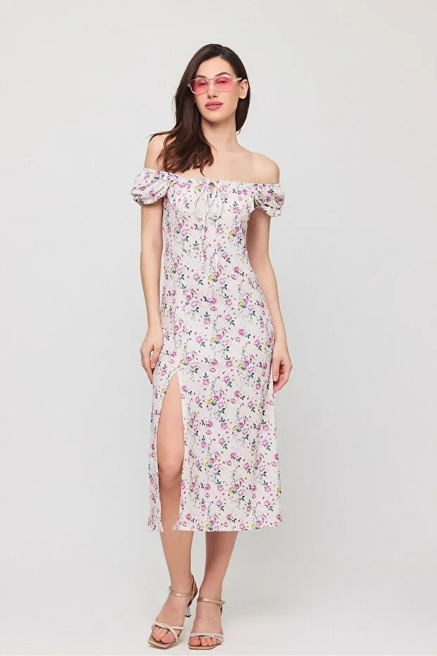 Genel Markalar Women's Floral Print Slit Cream Dress