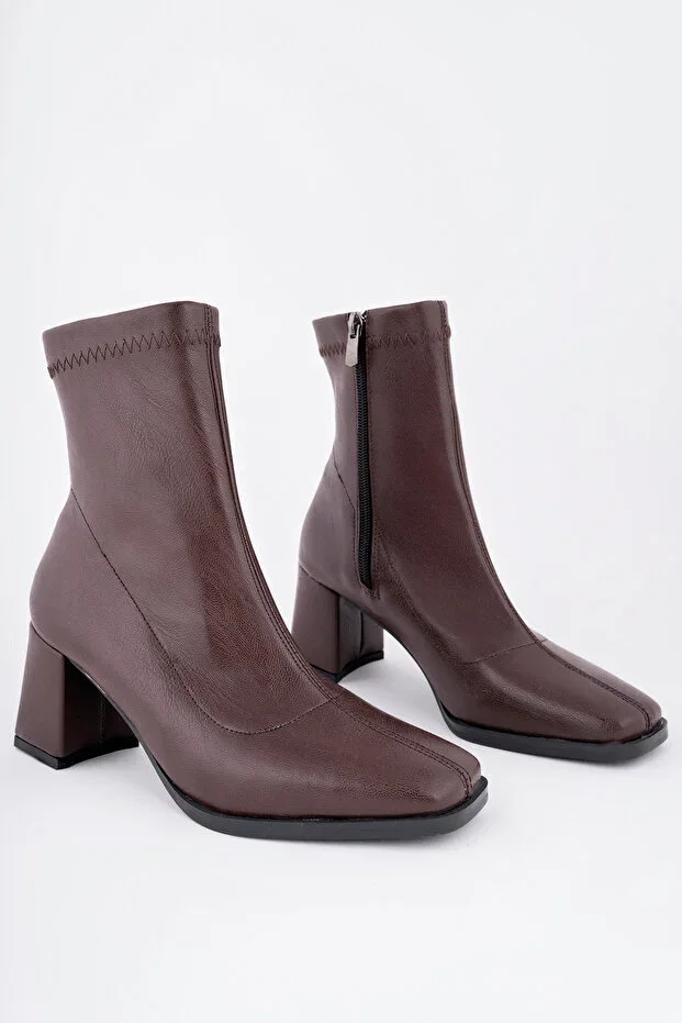 Women's Coffee Leather Square Toe Stiletto Boots