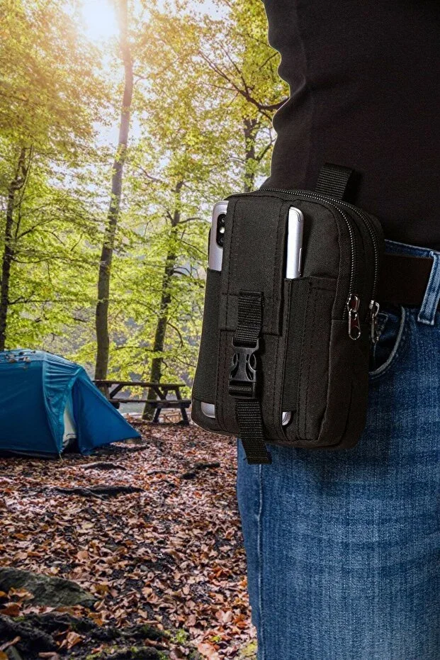 Black Men's Tactical Waist Bag with Phone Compartment Chest Travel Daily Bodybag