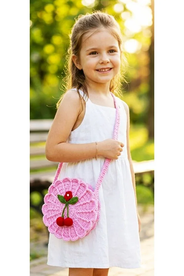 CHERRY MOTIF HAND KNITTED PINK GIRLS BAG