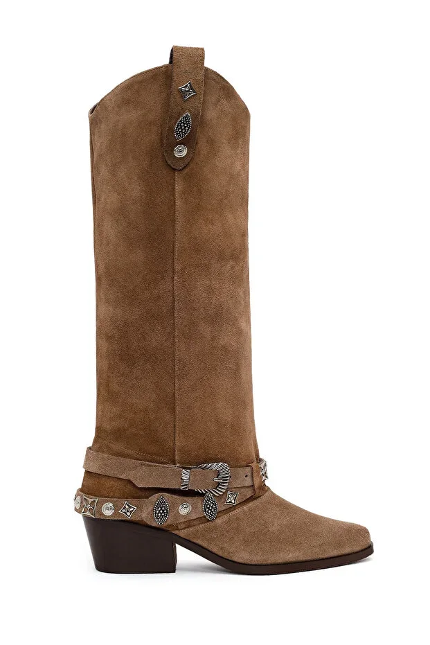 Women's Beige Thick-Heeled Suede Leather Cowboy Boot 26PFD207610