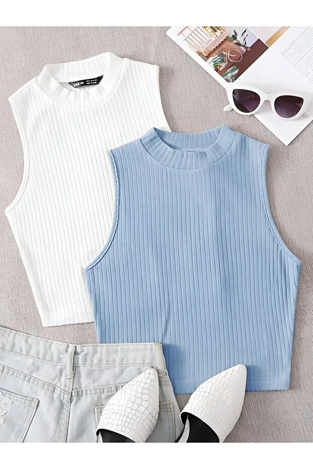 ÖZ PAMUK Women's 2 Piece Ribbed COTTON Knit Ribbed Crop Top Tank Top