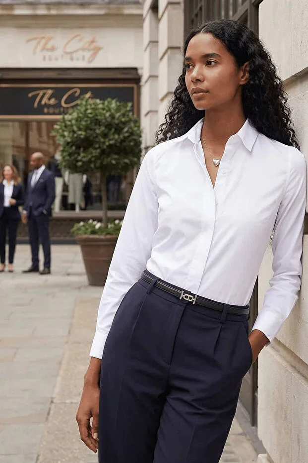 Tudors Women's Slim Fit V-Neck Long Sleeve White Basic Shirt with Hidden Button Detail
