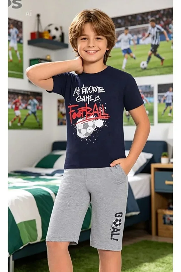 Boys' Football Themed Navy Blue Grey Shorts & T-shirt Cotton Combed Pocket Detail Pajama Set