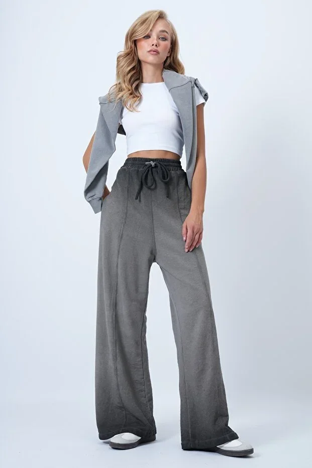 Anthracite Front Pleated High Waist Degraded Palazzo Pants ALC-X14666