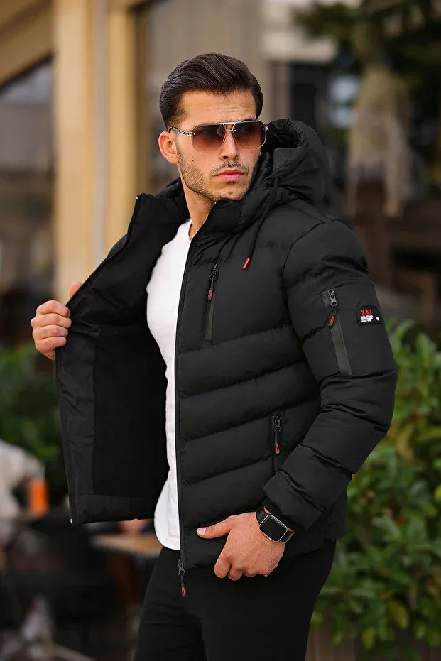 Water and Cold Proof Winter Hooded Inner Polar Red Black Detail Winter Men's Puffer Jacket