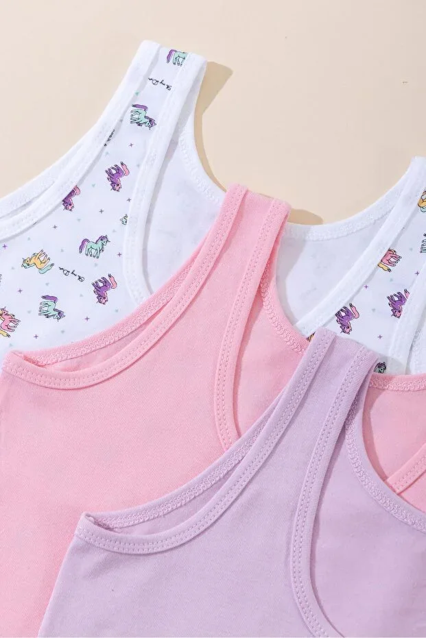 Girls Cotton Thick Strap Colorful Printed Classic Undershirt 3-Pack 4714 Multicolor