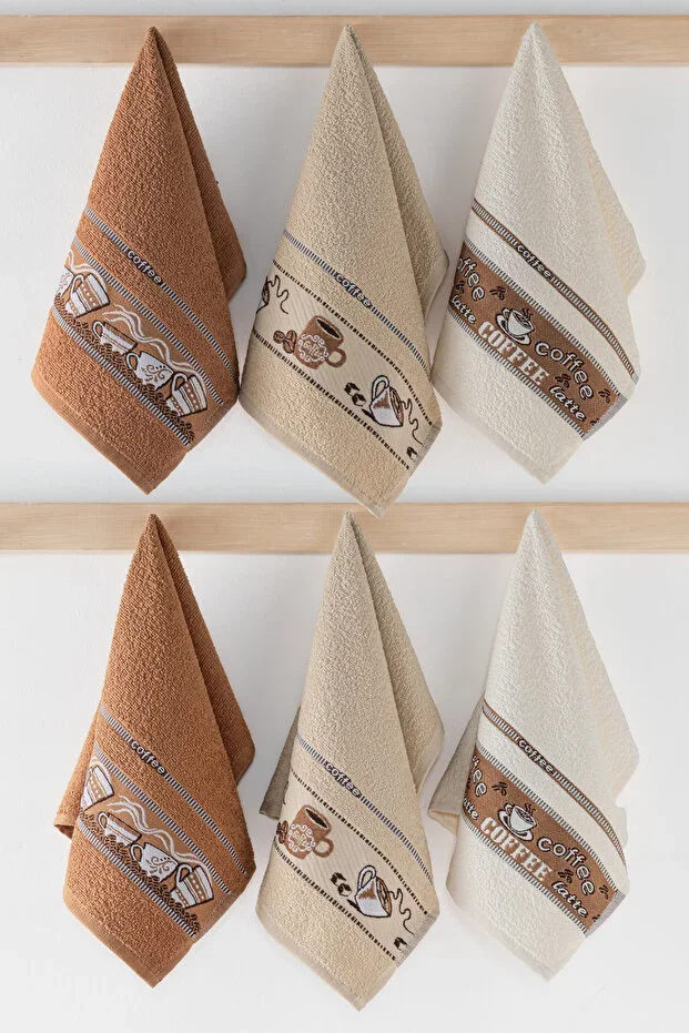 Coffee Patterned 6-Piece Kitchen Towel Set 30x50 cm | 100% Cotton Hand Towel, Drying Cloth