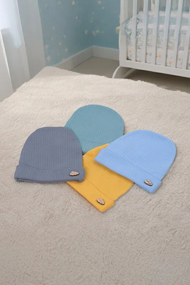 Baby Wooden Badge 4-Piece Cotton Beanie