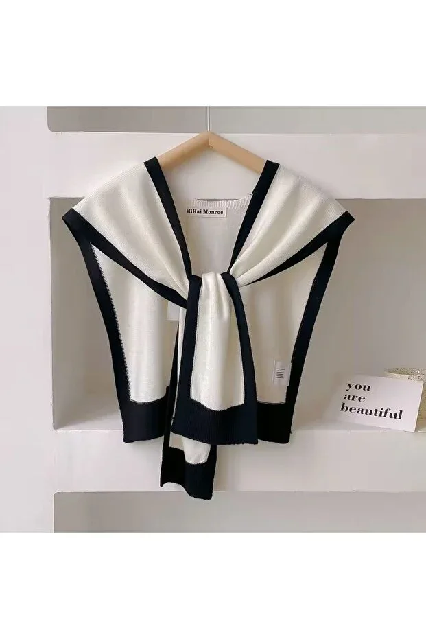 New Style Knit Shoulder Shawl White Black Patterned