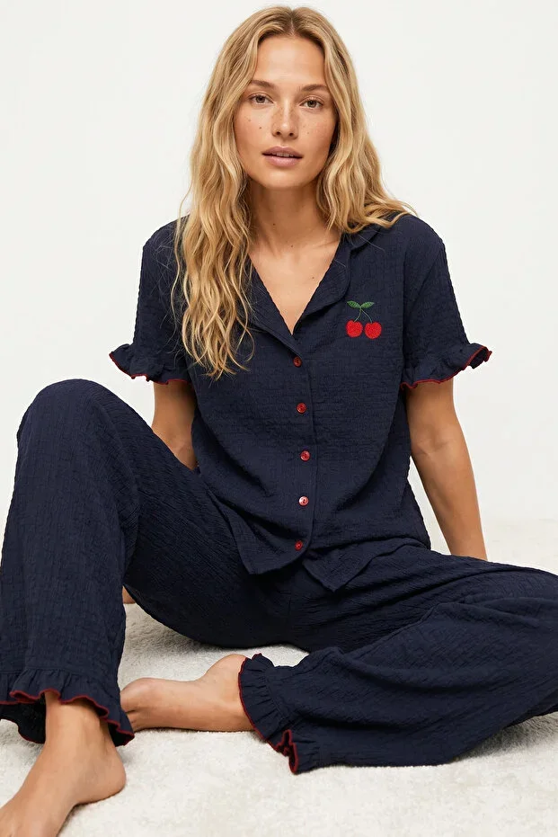 Navy Cherry Embroidered Seersucker-Crinkle Short Sleeve Buttoned Pajama Set 8057