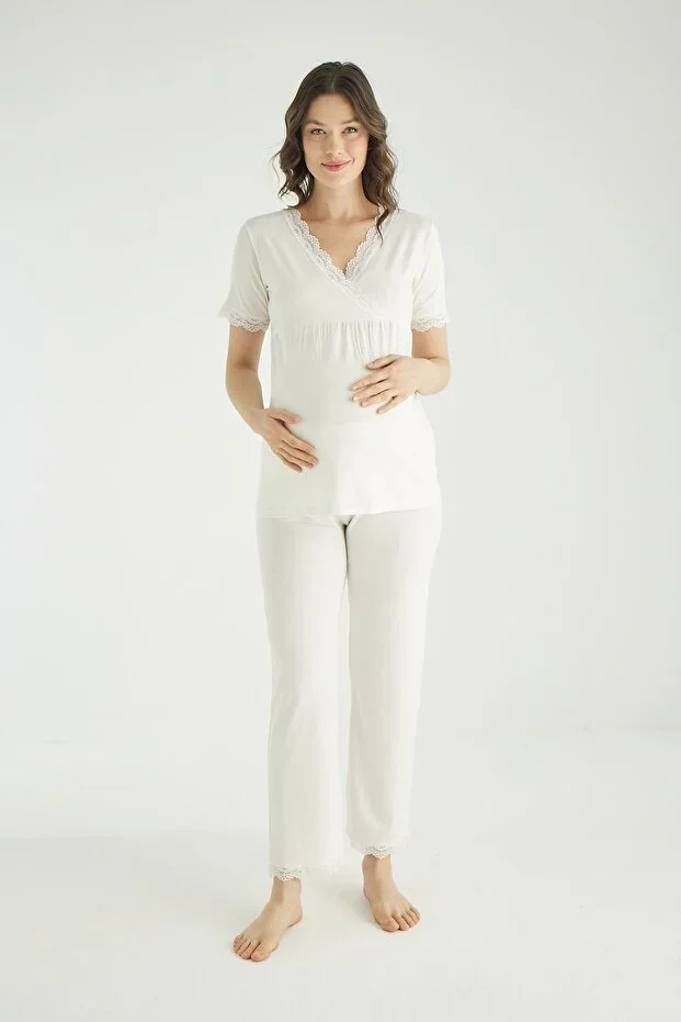 White Nursing Compatible Postpartum and Maternity Pajama Set