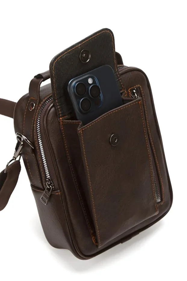 Men's Leather Flap Shoulder and Hand Bag (17X22CM) - Brown