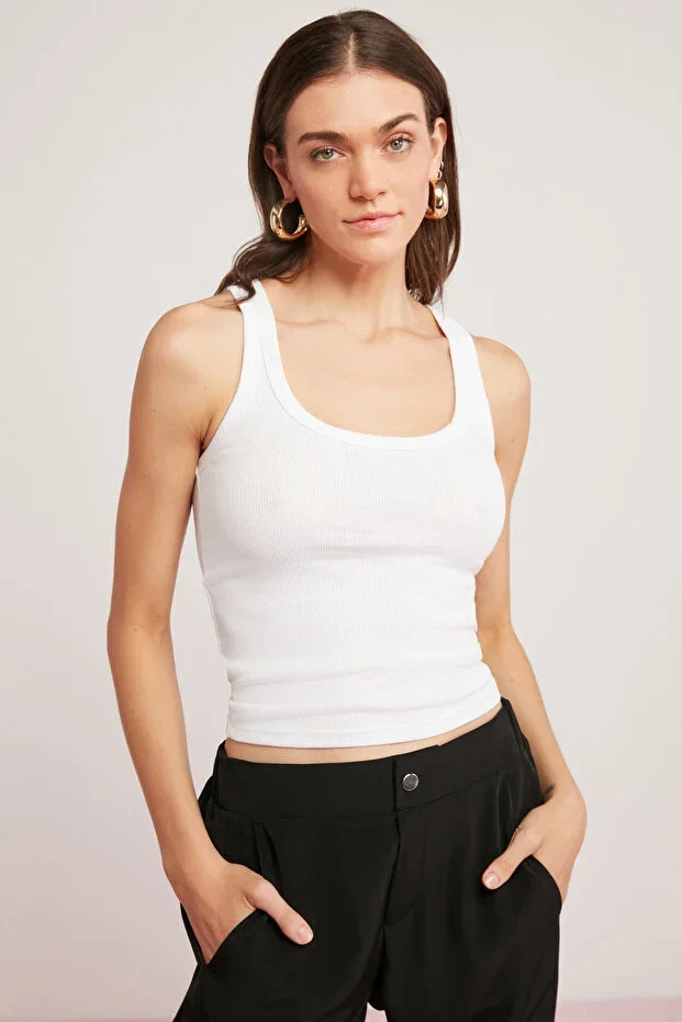 LILLesol Women's Ribbed Look Thick Strap Basic White Blouse Tank Top
