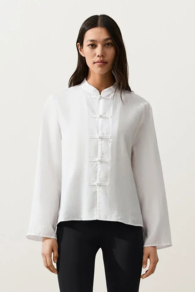 Oysho 100% Linen Mandarin Collar Shirt