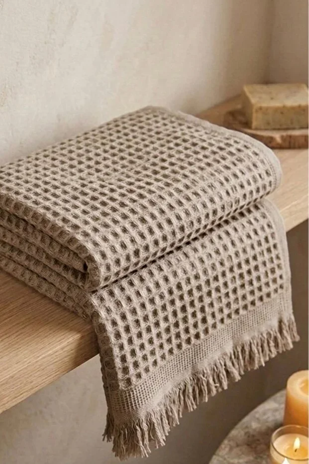 %100 Cotton Waffle Pattern Body Towel - Natural - 70x140 cm Bath and Beach Towel Beige