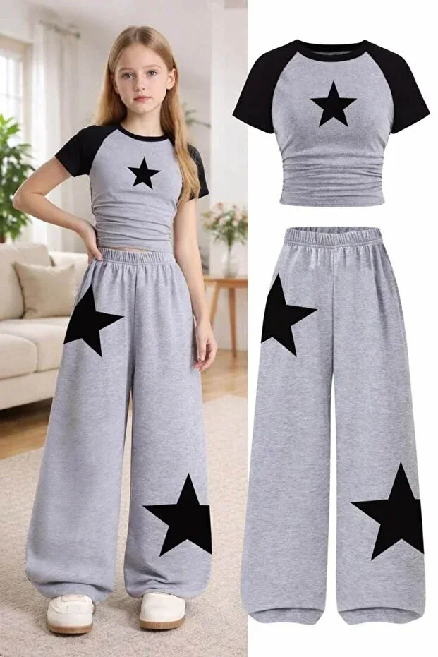 Star Print Kids Grey Black Crop Grey Bottom Summer Detailed Top-Bottom Set Cotton