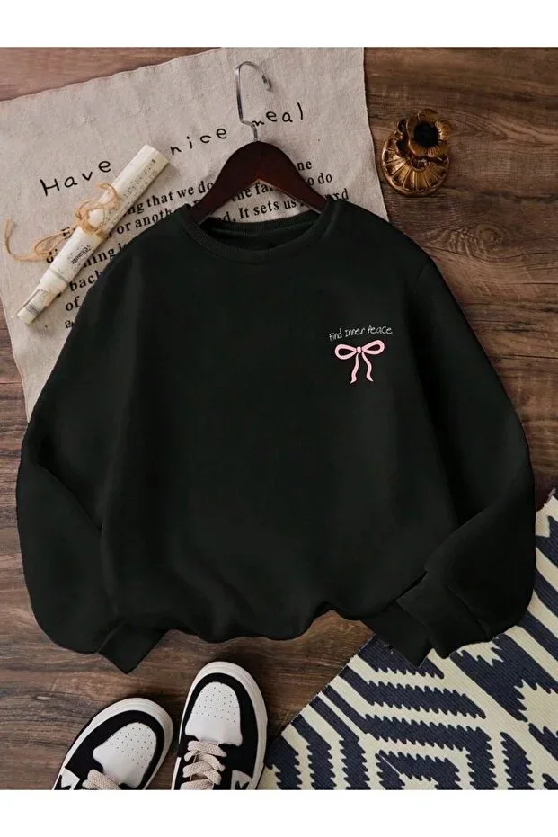Pink Ribbon Print Girls Winter Kids Sweatshirt Black