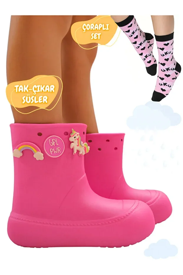 Pink Girls Rain Boot & Cotton Sock Set