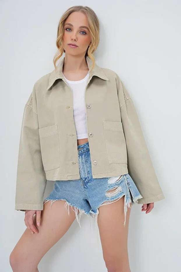 Bej Torba Cepli Crop Jean Jacket ALC-X13562