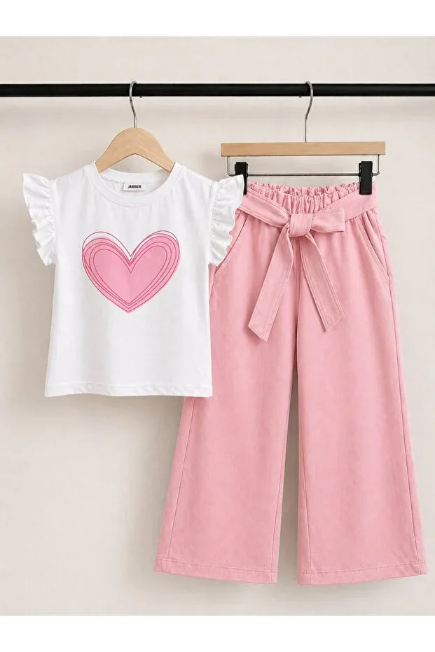 Girls Heart Print Ruffle Sleeve T-shirt and Belted Wide Leg Pink Pants Set 100% Cotton