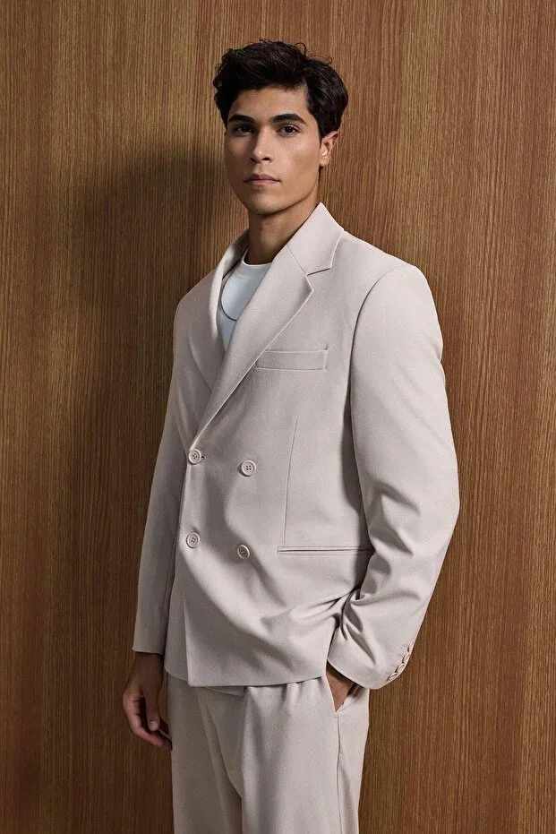 Men's Oversize Relaxed Fit Double-Breasted Suit Beige