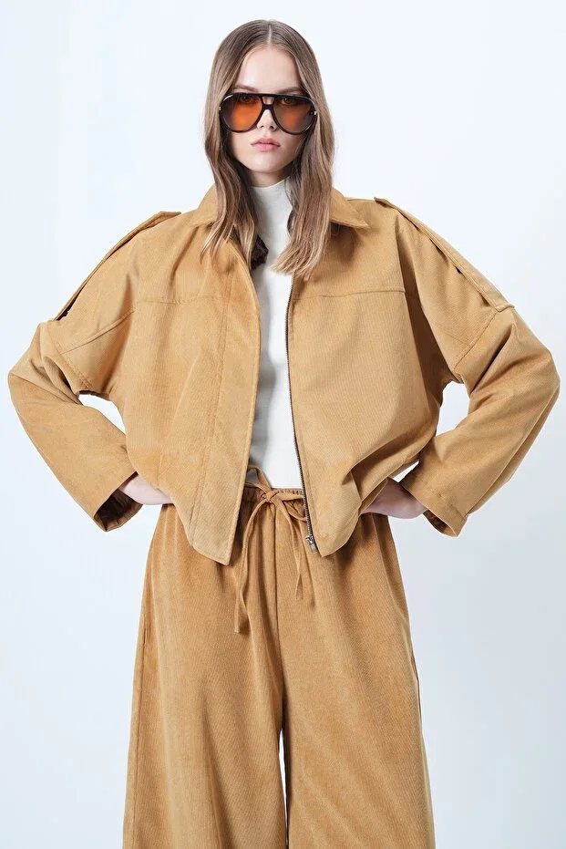 Women's Mustard Shoulder Epaulet Lined Velvet Bomber Jacket ALC-X14617