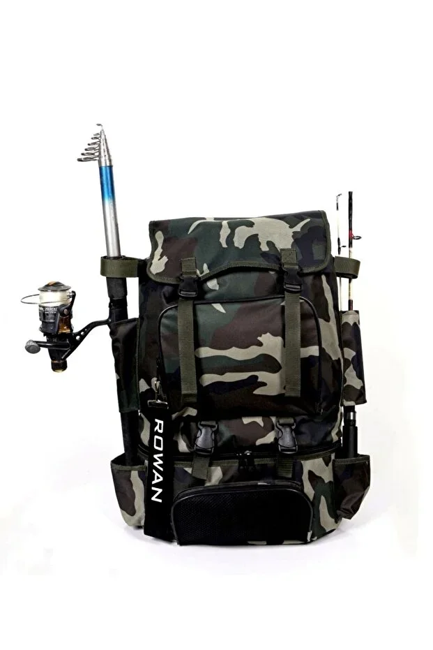 ROWAN ÇANTA Military Camouflage Backpack with Thermal Bottom Compartment, Fishing Rod Compartment, and Fixings for Camping and Fishing