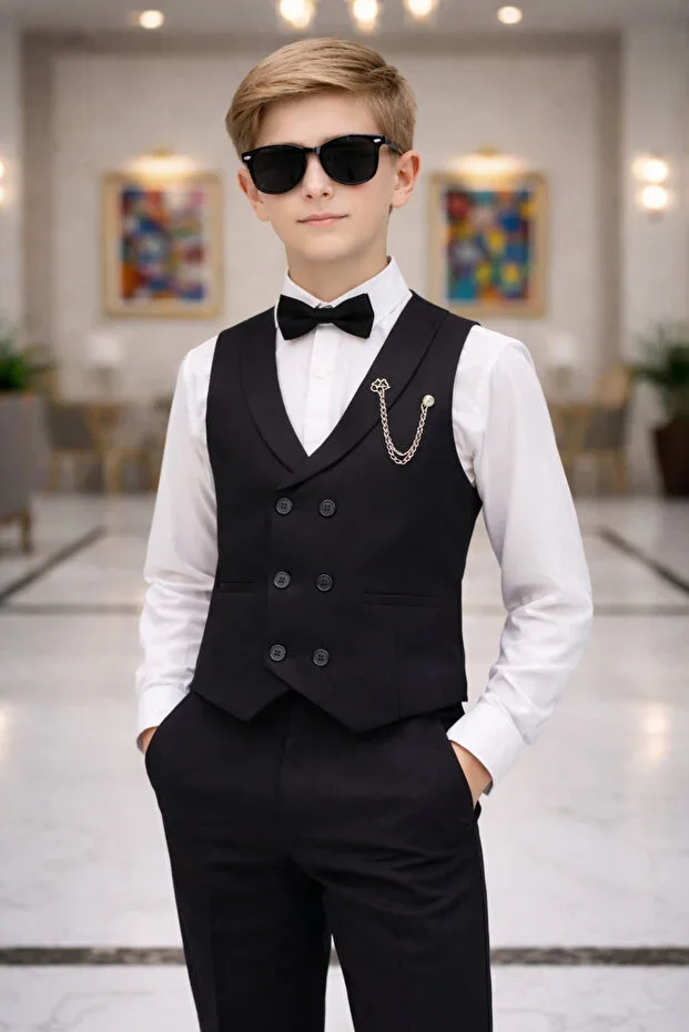 Boys' Vest Suit Set with Bow Tie Shirt Black