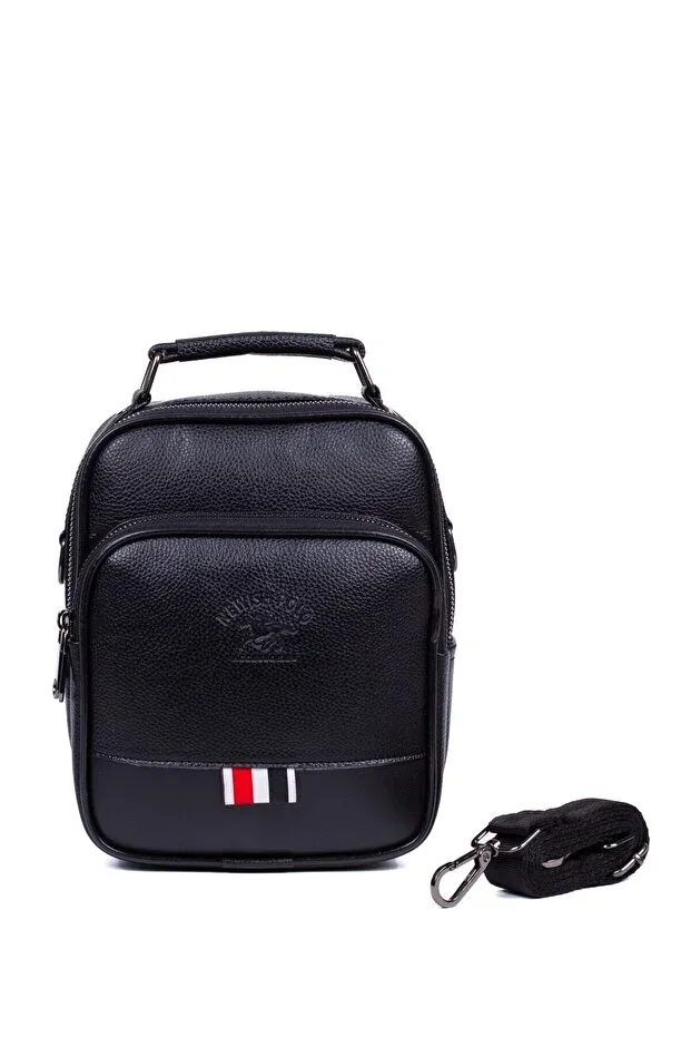 Men's Black Vegan Leather Black Daily Travel Shoulder and Hand Bag with Phone Compartment