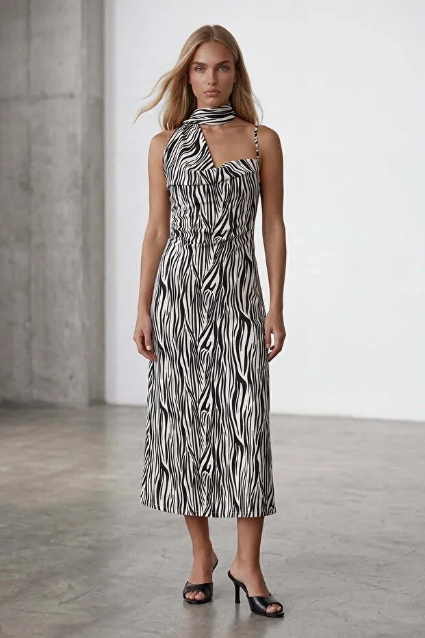 Black Low Neck Scarf Detailed Printed Midi Dress Alc-X15547
