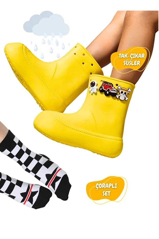 Yellow Rain Boot + Giraffe Sock Set