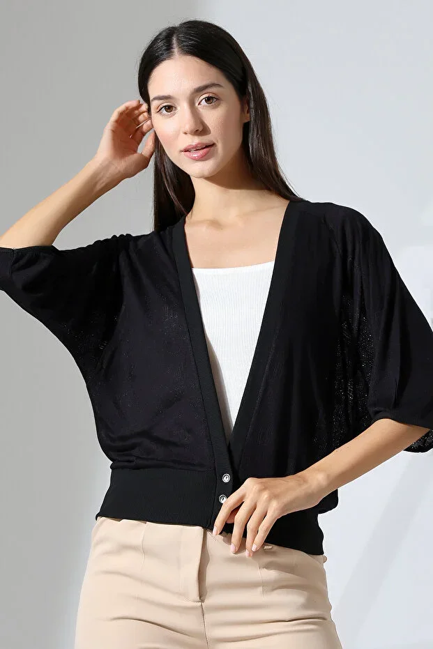 Vilnius Women's Buttoned Raglan Sleeve Ajur Jacquard Short Cotton Cardigan & Cardigan - Black