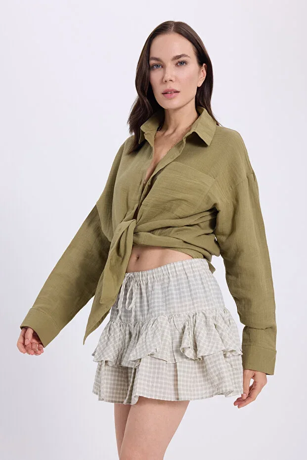 Tudors Women's Oversize Wide Fit 100% Cotton Muslin Fabric Long Sleeve Pocket Textured Khaki Shirt