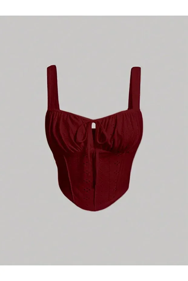 Bordo Embroidery Patterned Bust Decollete Front Tie Strap Crop Top, Bordo Embroidery Patterned Blouse