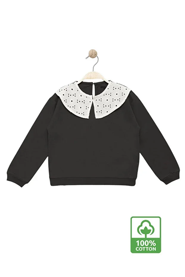 Girls Brocade Collar %100 Cotton Sweatshirt - Decorative Brocade Collar Kids Sweat