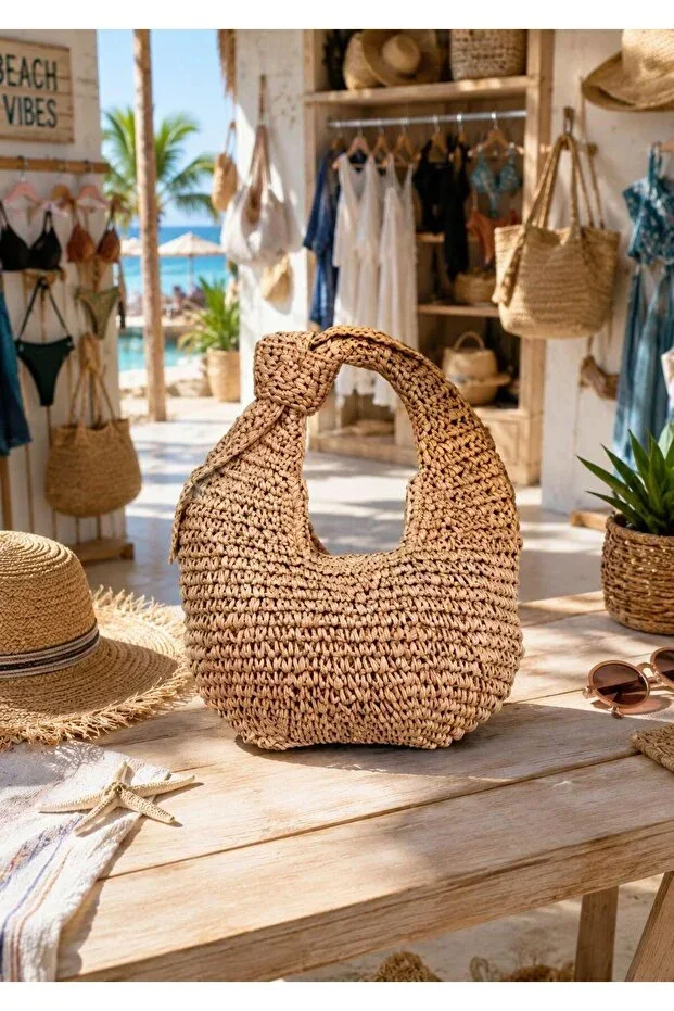 NWC-1091 Zippered Camel Straw Women's Shoulder Bag Summer Beach and Daily Use Bag