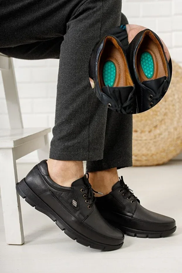 Men's Black Orthopedic Heel Massage Genuine Leather Winter Shoes