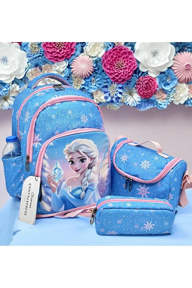 Face Pattern First School Bag 3-Piece Set Girls Primary School Bag Blue