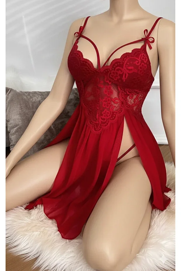 Women's Burgundy Lace Detailed Lycra Flexible Tulle Nightgown
