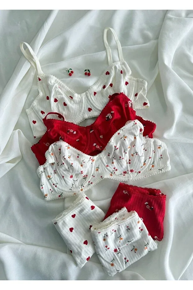 3-Piece Colored Underwired Patterned Cotton Bra Set