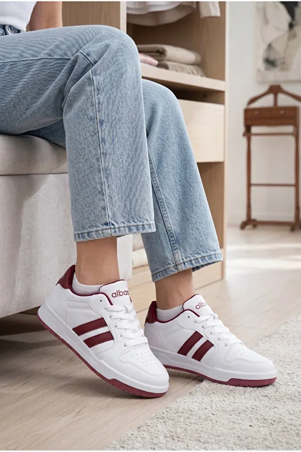 017 Comfortable Sole, Stripe Detailed, Daily Unisex White Burgundy Sneaker Men Women Kids Sports Shoe